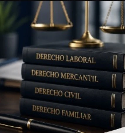 Libros de derecho laboral, mercantil, civil y familiar junto a una balanza dorada
